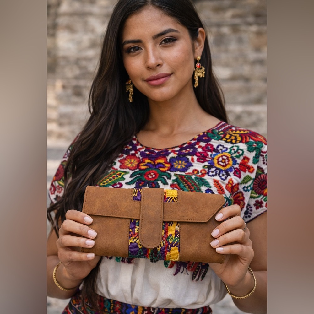 Brown vegan Mayan  wallet with Multicolor Accents‎